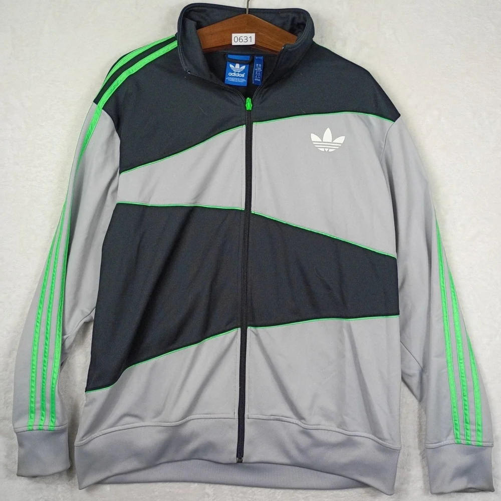 Adidas Track Jacket Mens XL Grey Black Neon Green Colorblock Trefoil Gorpcore